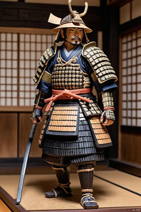 A meticulously crafted diorama depicting a serene scene from Edo-period Japan. Traditional wooden architecture. A lone samurai, clad in intricate armor, walks slowly through the town, (best quality, masterpiece, Representative work, official art, Professional, Ultra intricate detailed, 8k:1.3)