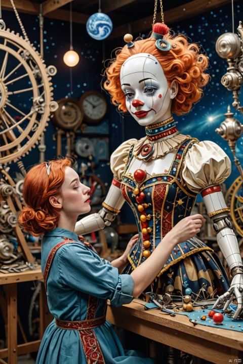 scene of a mechanical woman in a workshop fixing magical mechanical (clown puppets), about the curvature of space time, working, art deco, zentangle, full colored,3d crunch, cinematic, starry sky printed clothes, (best quality, masterpiece, Representative work, official art, Professional, Ultra intricate detailed, 8k:1.3)