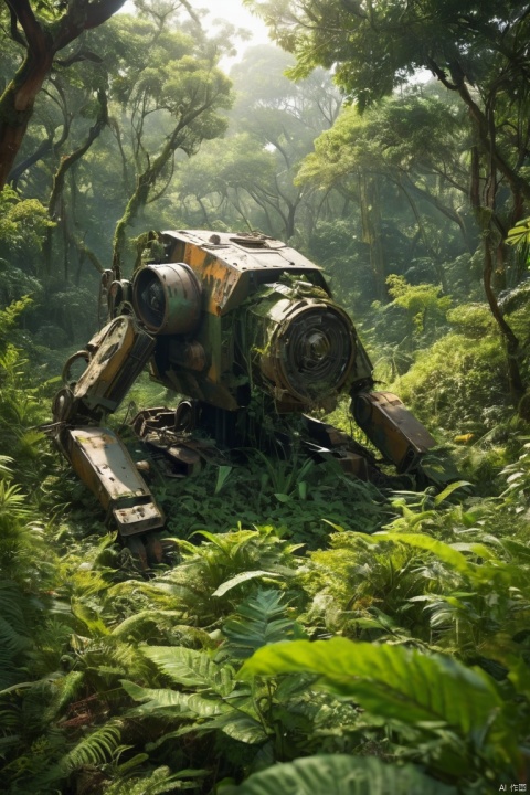 mech head,(half buried)in the ground,(in)the middle of,(a)lush rainforest,(abandoned,damaged)mech,(massive)defense unit with,(detailed)machinery,(remnants)of the old empire,(vibrant)scenery,(nature,plants)in abundance,(bright)green foliage,(colorful,tropical)flowers,(dazzling)sunlight filtering through the canopy,(majestic)trees reaching towards the sky,(glimpses)of wildlife hiding in the undergrowth,(birds)chirping and (insects)buzzing in the background,(serene)atmosphere,(fresh)air filled with the (fragrance)of wet earth and plants,(harmony)between man-made technology and the natural surroundingysterious)and (forgotten)history,(highres)image quality,(photo-realistic)details,(exquisite)textures,(intense)depth of field,(rich)color palette,(soft, warm)natural lighting,(atmospheric)fog adding a touch of mystery, (best quality, masterpiece, Representative work, official art, Professional, Ultra intricate detailed, 8k:1.3)