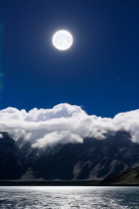 A serene and majestic scene unfolds: A full moon rises above the towering Tian Shan mountains, its gentle light casting a silver glow on the wispy clouds that float lazily across the vast, open sky. The composition features a strong horizon line, with the moon taking center stage, surrounded by a sea of white clouds that seem to stretch out endlessly.