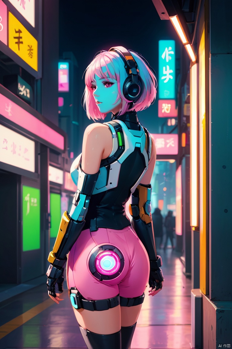 anime artwork lucy \(cyberpunk\), anime artwork of a girl \(cyberpunk, mecha\), full body, Pink parted short hair, pink eyes, BREAK, long underpass, crowd background, hering fantasy, enhance, intricate, (best quality, masterpiece, Representative work, official art, Professional, 8k)