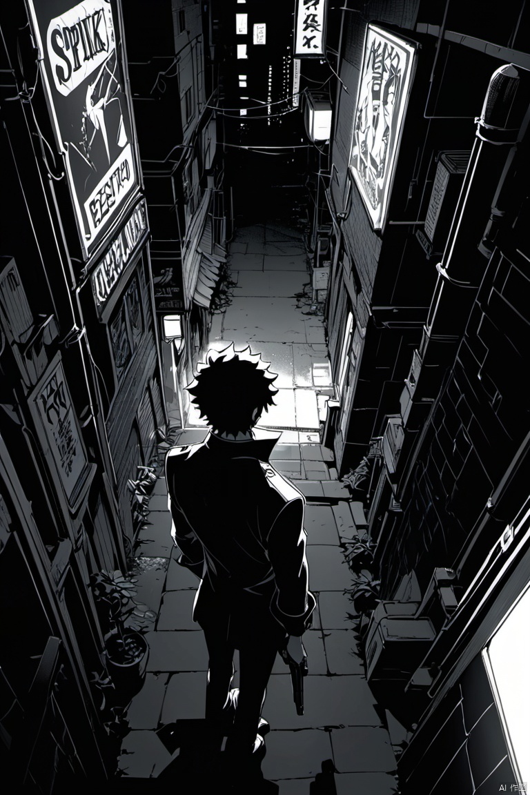  boy, Spike Spiegel, Cowboy Bebop, brown eyes, black hair, holding a handgun, backlit by neon, dynamic angle, dynamic pose, from above, back alley, neon light, dark, limited palette, (masterpiece, best quality, perfect composition, very aesthetic, absurdres, ultra-detailed, intricate details, Professional, official art, Representative work:1.3)