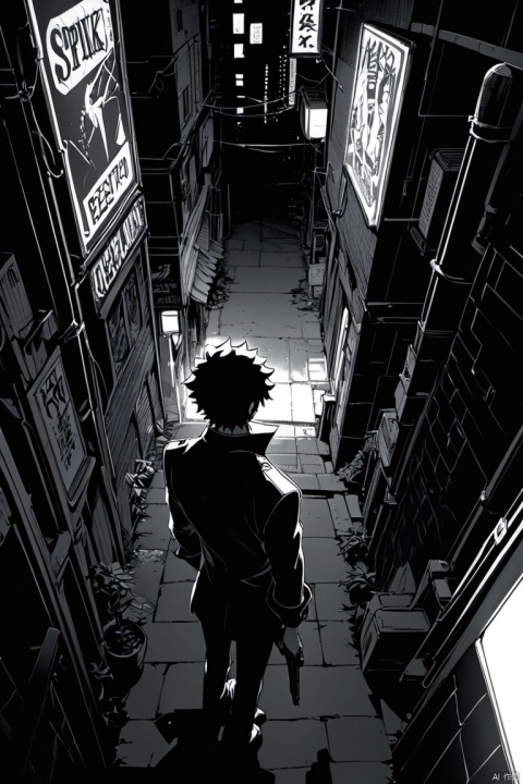 boy, Spike Spiegel, Cowboy Bebop, brown eyes, black hair, holding a handgun, backlit by neon, dynamic angle, dynamic pose, from above, back alley, neon light, dark, limited palette, (masterpiece, best quality, perfect composition, very aesthetic, absurdres, ultra-detailed, intricate details, Professional, official art, Representative work:1.3)