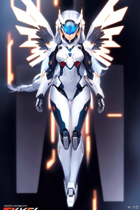 (Sticker design), white outline, mecha girl, (silver long hair:1.4), full-body pose, (mechanical wings), dynamic angle, (best quality, masterpiece, Representative work, official art, Professional, 8k:1.3)