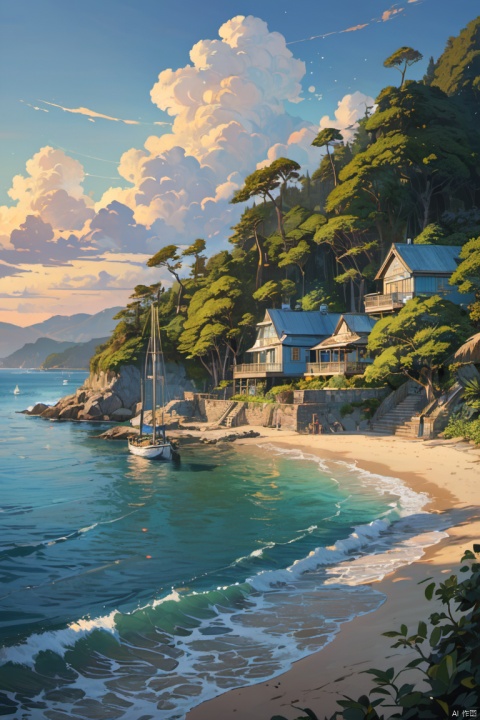 A serene coastline with yachts and ships sailing on the glistening sea, clear skies with fluffy white clouds, green trees lining the shore, comfortable sea breeze, studio lighting, ultra-fine painting, sharp focus, physically-based rendering, extreme detail description, professional, vivid colors, bokeh, portraits, landscape, photography. Blue hues dominating the color palette, natural lighting enhancing the scene, (masterpiece, best quality, perfect composition, very aesthetic, absurdres, ultra-detailed, intricate details, Professional, official art, Representative work:1.3)