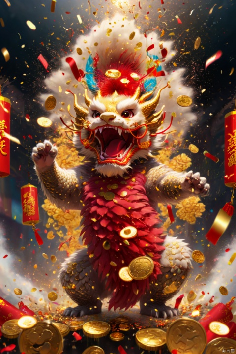 Chinese New Year, oriental dragon cub, big furry head, hairy body, Many gold coins burst out, Gold coin rain, Red and gold confetti flying in the sky, firecrackers, strong festive atmosphere, panoramic view, Ultra high saturation, (best quality, masterpiece, Representative work, official art, Professional, 8k)