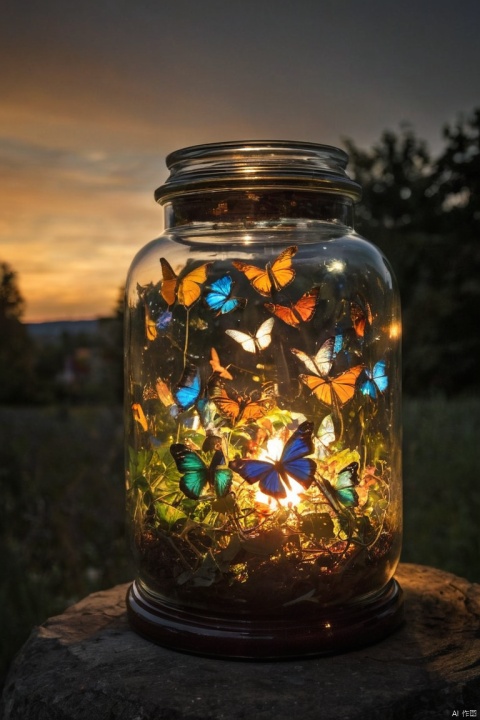 glowing poisonous butterflies jar, the quantum panderverse is a decaying reality where forced inclusion is a poison that assumes everything should be made colorful like a circus, because they assume everything is like them and should be like them. Since impressionism and expressionism, the corrupted idea of freedom is a concept that creates war, becoming the true apocalypse of modernity. Only a few dare to fight the tricky dementors who feed from other emotions like astral specters; these faceshift and disguise themselves as warriors, elves, fairies, animals, demons, angels, etc, stay away from internet is toxic, (masterpiece, best quality, perfect composition, very aesthetic, absurdres, ultra-detailed, intricate details, Professional, official art, Representative work:1.3)