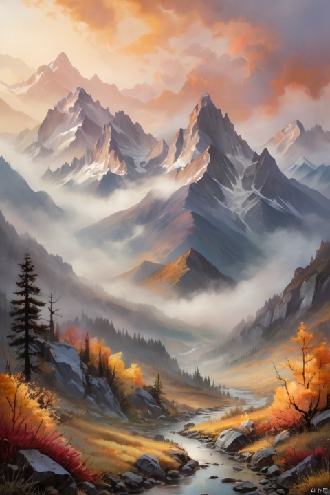 A misty mountain landscape, (lampwork glass art style), warm, glowing colors, sense of depth and mystery, set against a backdrop of a (mountain range), soft and ethereal mist enshrouding the peaks, photorealistic, sharp focus, cinematic, dramatic sky, sense of tranquility, (masterpiece, best quality, perfect composition, very aesthetic, absurdres, ultra-detailed, intricate details, Professional, official art, Representative work:1.3)