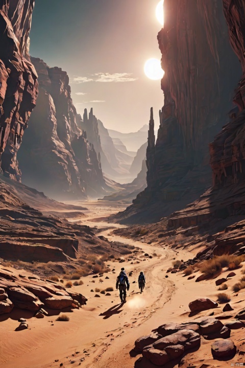 cinematic photo depicting a desert canyon on a metal cybernetic planet in a remote corner of the universe, planetary landscape, Desert Canyon, cyberpunk, metal planet, high detail, science fiction, cinematic frame, enhance, intricate, (best quality, masterpiece, Representative work, official art, Professional, unity 8k wallpaper:1.3)