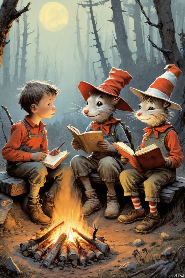 children sitting around a campfire, whimsical, children's story book art style, jean baptiste monge, dr seuss, (masterpiece, best quality, perfect composition, very aesthetic, absurdres, ultra-detailed, intricate details, Professional, official art, Representative work:1.3)