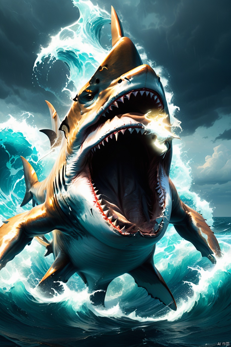 close up of a sea god riding a shark, mythology, divine power, majestic ocean waves, golden trident, shimmering scales, dynamic pose, stormy atmosphere, rippling muscles, endless horizon, oceanic realm, intense gaze, strong current, living force, dreadnought shark partner, ultra-wide-angle, octane render, enhance, intricate, (best quality, masterpiece, Representative work, official art, Professional, 8k:1.3)