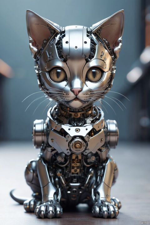 Symmetry, symmetrical, MechanicusStyleAI, a cute kitten made out of metal, cyborg, cyberpunk style, cinematic shot, vignette, (best quality, perfect masterpiece, byyue, Representative work, official art, Professional, high details, Ultra intricate detailed:1.3)