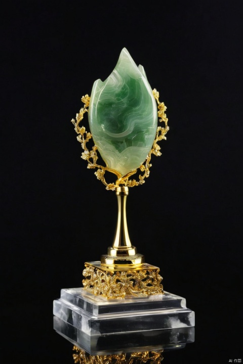 Golden Trophy, Shiny gold plated, Twisted, Made of translucent jadeite,Luxurious and cool design, Displayed on a rainbow crystal base, Background translucent black room, Light Up, (masterpiece, best quality, perfect composition, very aesthetic, absurdres, ultra-detailed, intricate details, Professional, official art, Representative work:1.3)