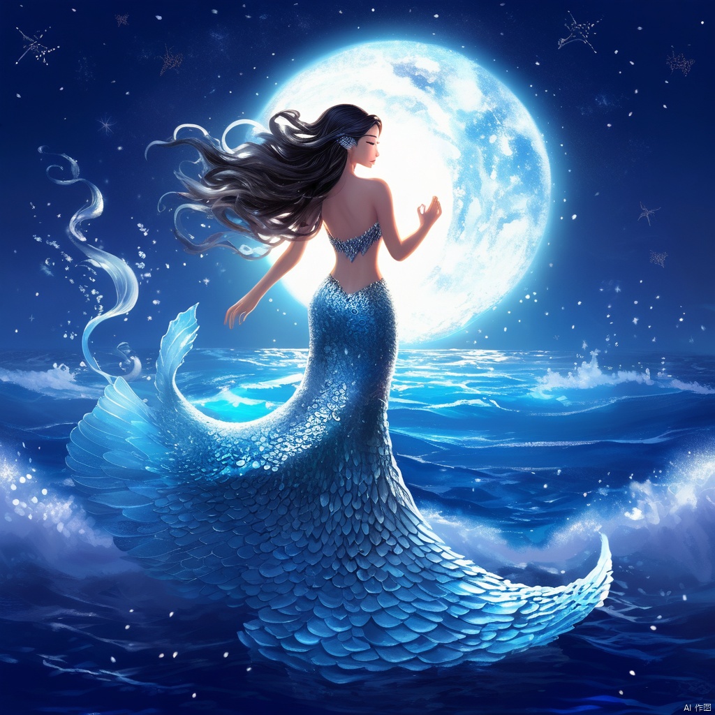 人鱼公主,夜幕低垂,银白的月光穿透海面,照耀在一位人鱼公主的身上,她身着流光溢彩的鳞片长裙,在海面上翩翩起舞,长发随波浪起伏,仿佛与海洋共舞,美得令人窒息