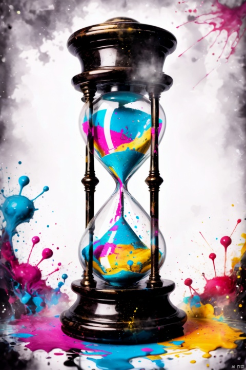 close up of a magical hourglass, filled with visions of Victorian Era, made out of colorful ink splatters, panoramic, Ultra high saturation, (best quality, masterpiece, Representative work, official art, Professional, 8k)