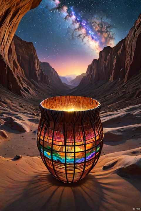 multi-layered basket_light, Wide-angle lens, Ultra-wide angle crisp ray traced rendering, Surreal in vast desert canyon under starry sky with mysterious colorful bright lights, Countless dimensions are intertwined. Huge mountains contain the mysterious sheer cliffs of the universe, narrow passage, Deep valley bottom, magnificent canyon scenery, wide-angle movie aesthetics, high-definition fantasy art, enhance, intricate, (best quality, masterpiece, Representative work, official art, Professional, unity 8k wallpaper:1.3)