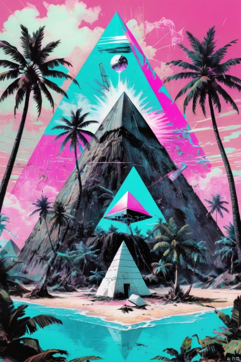 double contact, Ink punk, Collage, pyramid, coconut tree, Fault art, retro tech, Surrealism, vaporwave nostalgia, (best quality, masterpiece, Representative work, official art, Professional, 8k)