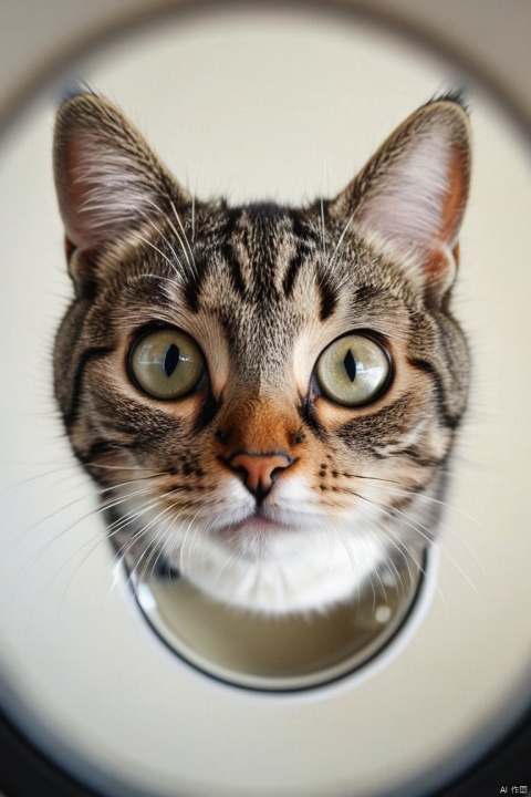 photorealistic picture of a cute cat looking curiously into a fisheye lens camera, show only the resulting photo, do not show any parts of the camera, (masterpiece, best quality, perfect composition, very aesthetic, absurdres, ultra-detailed, intricate details, Professional, official art, Representative work:1.3)
