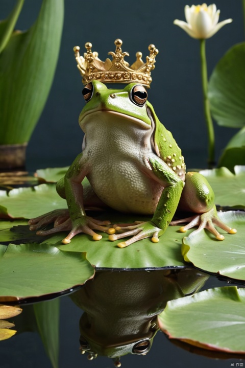 A frog wearing a crown and sitting on a makeshift throne of lily pads,  Absurdres, ultra realistic, professional lighting, full of details, Wide range of colors, (masterpiece, best quality, perfect composition, very aesthetic, absurdres, ultra-detailed, intricate details, Professional, official art, Representative work:1.3)