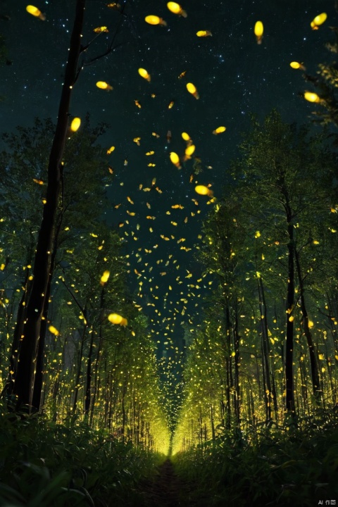 night, the forest, outskirts , hundreds of tiny fireflies create intricate glowing patterns in the air., like little tornadoes ,a pair of fireflies is approaching us,so you can look at them (insect firefly), (best quality, masterpiece, perfect composition, very aesthetic, absurdres, ultra-detailed, intricate details, Professional, Representative work, official art:1.3)
