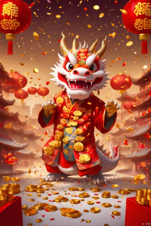 Chinese New Year, dragon mascot, Tang suit, gold coins, red envelopes, New Year greeting, confetti, strong festive atmosphere, panoramic view, Ultra high saturation, (best quality, masterpiece, Representative work, official art, Professional, 8k)