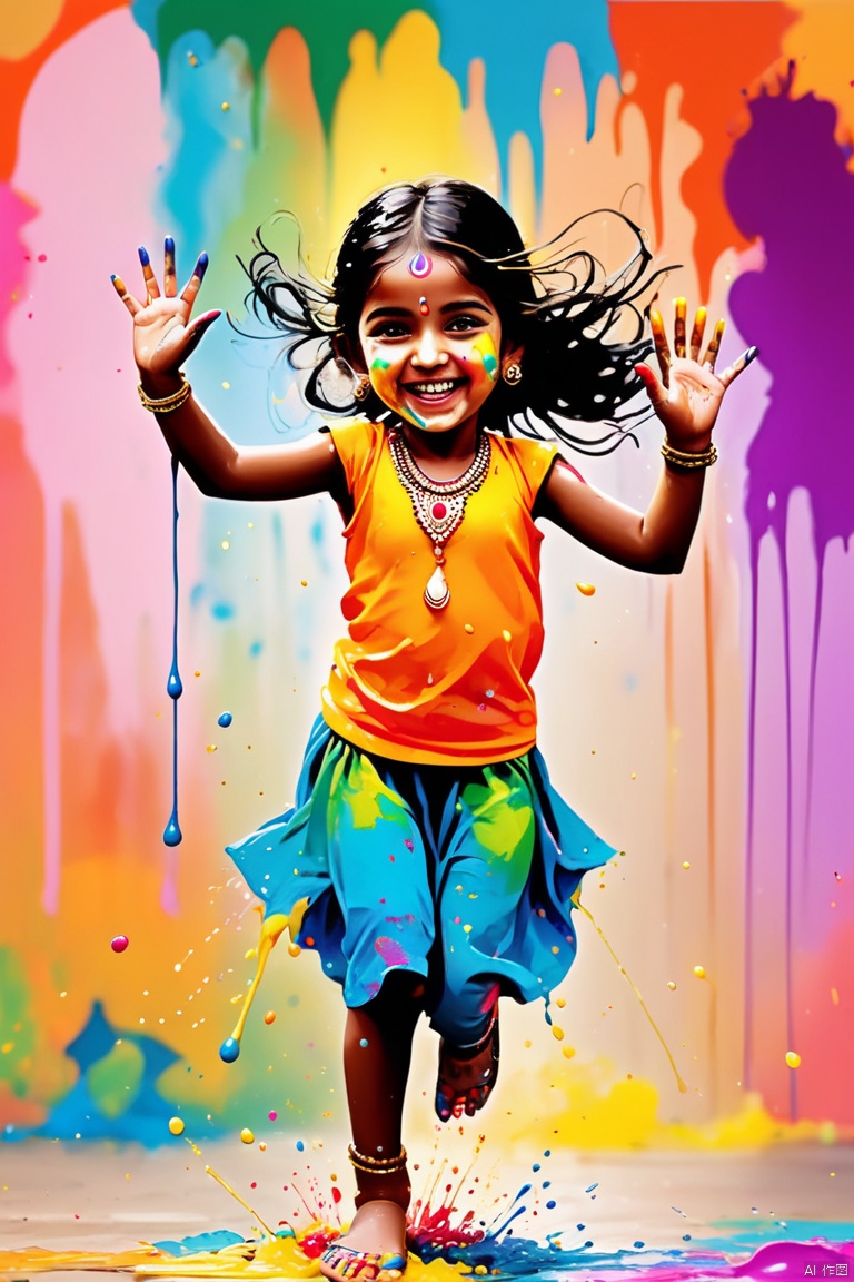 Indian festival, painting festival, ink splashing, Beautiful little Indian girl placed, Face painted with colorful paint, golden eyes, exquisite gold jewelry, happy, happy, infectious smile, colorful clothing, colorful nails, splashing on the body, splashing colorful paint at the event, paint splashing background, colorful splashing, vibrant sports, Dynamic and powerful abstract art, rich and colorful acrylic, vivid rainbow tones, happy and lively atmosphere, bright orange and pink, imaginative and dreamy, spontaneous splashing, bold color contrast, panoramic, Ultra high saturation, bright and vivid colors, intricate, (best quality, masterpiece, Representative work, official art, Professional, 8k)