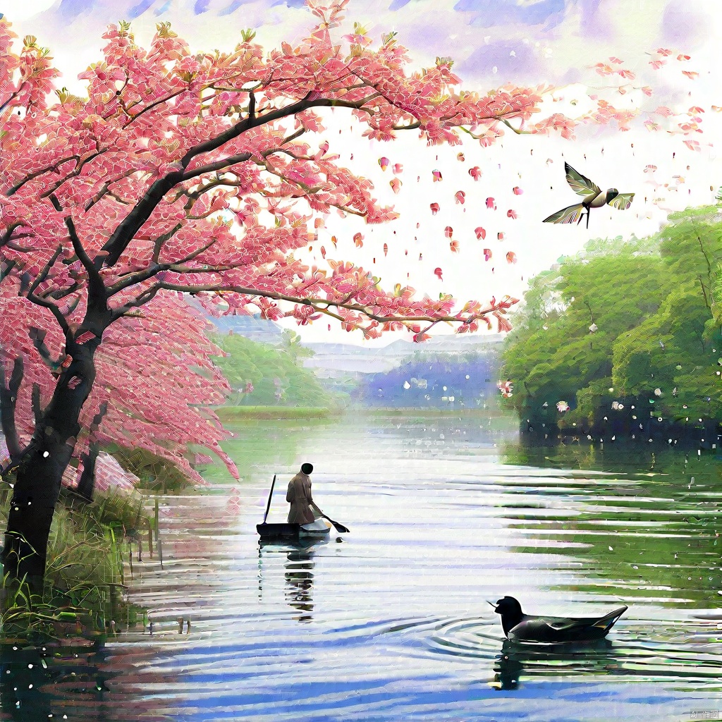 In the return of spring, pairs of swallows grace the skies, signaling the retreat of winter's chill and the blossoming of spring. Along the riverbanks, peach trees burst into bloom, their petals gently brushing the water's surface, as the vibrant hues of spring mirror on the rippling waters, creating a picturesque scene. A gentle spring rain descends unannounced, rendering the small bridge impassable and deterring travelers, imbuing the setting with a sense of tranquility and seclusion. Amidst this, a lone boat glides calmly out from beneath the willow shades, navigating past the rain-induced obstacle, providing passage across the river and symbolizing hope and vitality amidst adversity. The entire scene weaves together the beauty of nature and the sentiments of humanity, encapsulating the tenderness of spring alongside its power to surmount obstacles and nurture life