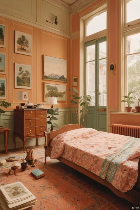 by Wes Anderson, room, Exquisite decoration, neat and tidy, sort, indoor, realism, detailed background, (masterpiece, best quality, perfect composition, very aesthetic, absurdres, ultra-detailed, intricate details, Professional, official art, Representative work:1.3)