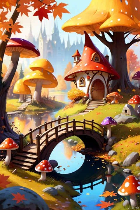 fairy village (during autumn), (small fairies:1.4) (walking around happily), (autumn:0.9) colors, (detailed) trees with (crimson, golden, and orange) leaves, (warm) sunlight filtering through the (foliage:0.9), (cozy) wooden houses with (colorful) doors, (lush) grass covered in fallen leaves, (sparkling) fairy dust, (mushrooms:0.9) of various shapes and sizes, (glimmering) pond reflecting the (vibrant) colors, (soft) breeze rustling the leaves, (tranquil) atmosphere, enhance, intricate, (best quality, masterpiece, Representative work, official art, Professional, unity 8k wallpaper:1.3)