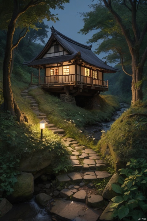 night, As the path winds, we reach an ancient forest where a rudimentary thatched cottage can be vaguely seen. It sits next to the former temple, appearing quaint and peaceful. As the traveler was walking along the path, turning a bend, suddenly a small bridge over a stream came into view. The murmuring stream below the bridge added a bit of unexpected surprise and beauty to the night, (masterpiece, best quality, perfect composition, very aesthetic, absurdres, ultra-detailed, intricate details, Professional, official art, Representative work:1.3)