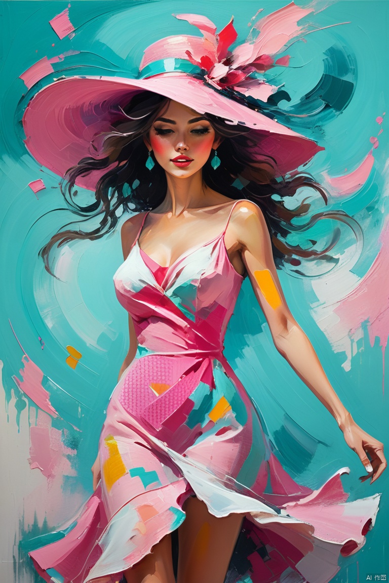 A person in the painting wearing a pink dress、woman wearing hat walking, inspired by LeRoy Neiman,,her hair billowing in the wind, The performance belongs to the impressionistic style, turquoise pink and, Palette knife painting, The artist captures fleeting moments in visual reality through the use of color,abstract figurative art,Creates vivid visual effects, enhance, intricate, HDR, UHD, Relief style, (best quality, masterpiece, Representative work, official art, Professional, 8k wallpaper:1.3)
