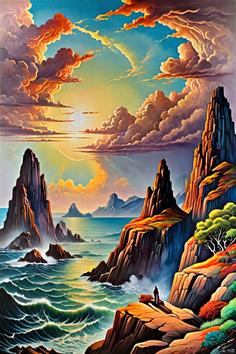 Metamorphic painting by Octavio Ocampo, Art Deco style, rock landscape, clouds and sea form silhouettes of a girl, panoramic, Ultra high saturation, bright and vivid colors, intricate, (best quality, masterpiece, Representative work, official art, Professional, 8k)