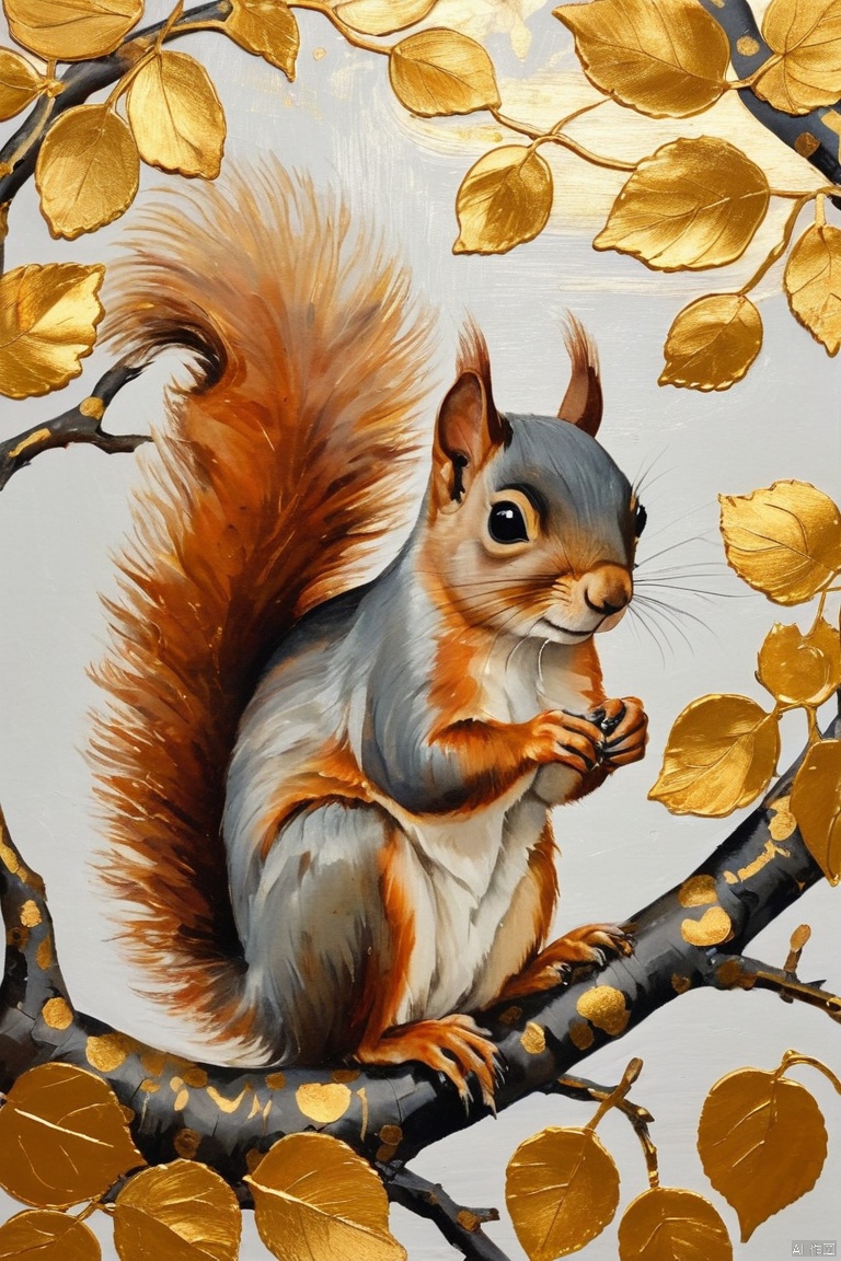 painting of a squirrel on the branches, leaves and gold foil in different sizes, painted in the style of Jean Maris, autumn themed, blend art, mixture art, design art, (masterpiece, best quality, perfect composition, very aesthetic, absurdres, ultra-detailed, intricate details, Professional, official art, Representative work:1.3)