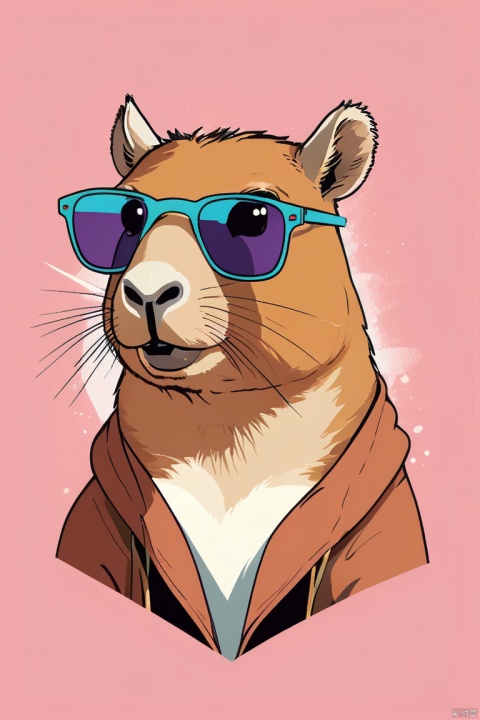 minimalistic taiwanese style graphic,cool capybara with sunglasses,capybara,full capybara visible,illustration,ultra-detailed,vibrant colors,sharp focus,playful,detailed sunglasses,stylish sunglasses,cute expression,chilled,casual background,stylized art,unique design,relaxed atmosphere,subtle shading,pop art style,flattened perspective,geometric shapes,stylized proportions,abstract elements,colorful palette,lighting effects, (masterpiece, best quality, perfect composition, very aesthetic, absurdres, ultra-detailed, intricate details, Professional, official art, Representative work:1.3)
