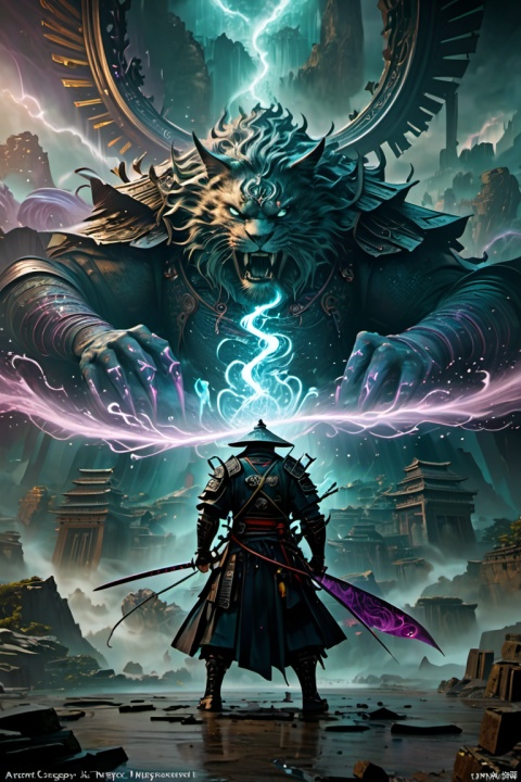 ancient dreamscape, arcane samurai, fantasy art, surreal, ethereal, mystical haze, magical timestream, powerful magic, overwhelming power, cataclysmic spell, mysterious, cinematic film still, (best quality, masterpiece, Representative work, official art, Professional, Ultra intricate detailed, 8k:1.3)