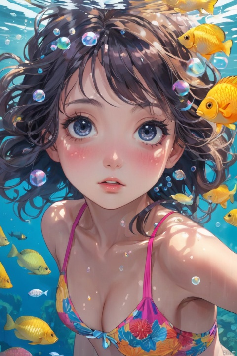 Diving. Rich and colorful, bubble diving, girl diving, underwater flower sea, ocean, deep diving, many corals, corals, schools of fish, aquatic plants, flowers, colorful corals, front face, water, cold, cool, exquisite facial features, big eyes, cute, beautiful makeup, wet hair, water droplets on the face, swimsuit, whole body, grand scene, ultimate light and shadow effects, (masterpiece, best quality, perfect composition, very aesthetic, absurdres, ultra-detailed, intricate details, Professional, official art, Representative work:1.3)