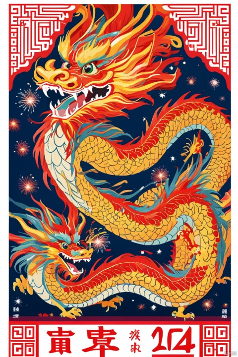Holiday poster, 2024 new year poster, New Year Eve 2024, fireworks, chinese dragon, (best quality, masterpiece)