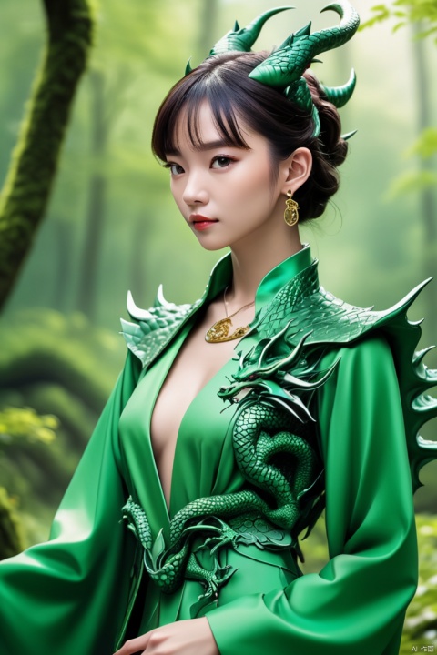 Series set,Creative jewelry,exaggerate,Model wears dragon pattern clothes, image of dragon,advanced,Blurred green forest background, panoramic, Ultra high saturation, (best quality, masterpiece, Representative work, official art, Professional, 8k)
