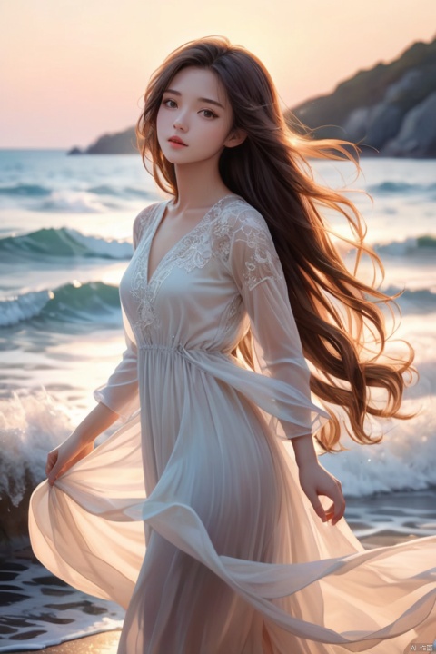 1girl,kawaii,detailed face,looking at viewer,focused,intricate,elegant,highly detailed,dynamic lighting BREAK long hair flows gracefully in the gentle sea breeze,the fading sunlight casts a warm, ethereal glow on the scene. She is wearing a flowing, light-colored dress that ripples in the wind. The waves gently kiss the shore in the background, and there's a sense of tranquility in the air. The overall atmosphere should evoke a feeling of serenity and beauty, (High detail, photograph, realistic), (best quality, masterpiece, Representative work, official art, Professional, 8k:1.3)