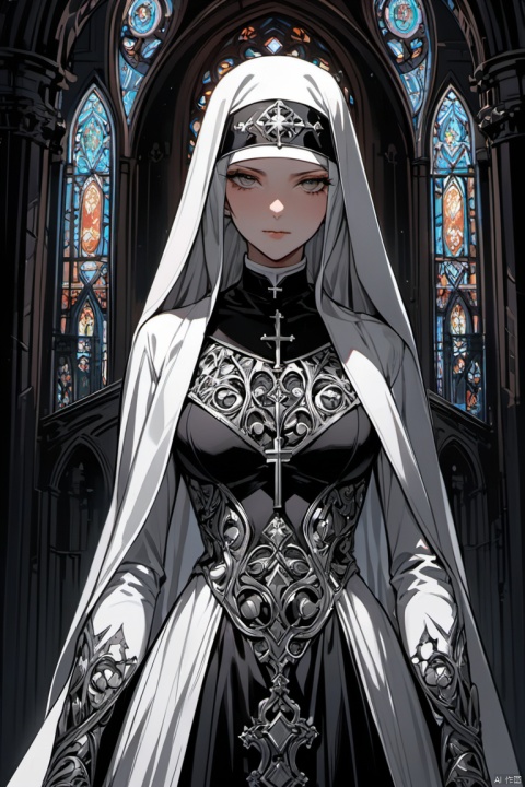 Nun, church, manga style,beautiful detailed face,expressive eyes,sharp contrast,flowing robe,mysterious atmosphere,dark background, (masterpiece, best quality, perfect composition, very aesthetic, absurdres, ultra-detailed, intricate details, Professional, official art, Representative work:1.3)