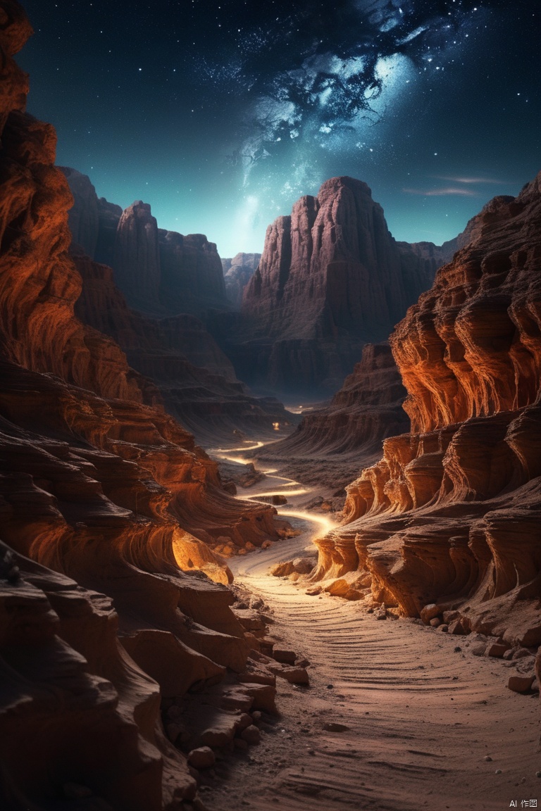 multi-layered basket light,Wide-angle lens, Ultra-wide angle crisp ray traced rendering,Surreal in vast desert canyon under starry sky with mysterious colorful bright lights, Countless dimensions are intertwined. Huge mountains contain the mysterious sheer cliffs of the universe.、narrow passage、Deep valley bottom, magnificent canyon scenery, depth of field, wide-angle movie aesthetics, high-definition fantasy art, enhance, intricate, (best quality, masterpiece, Representative work, official art, Professional, unity 8k wallpaper:1.3)