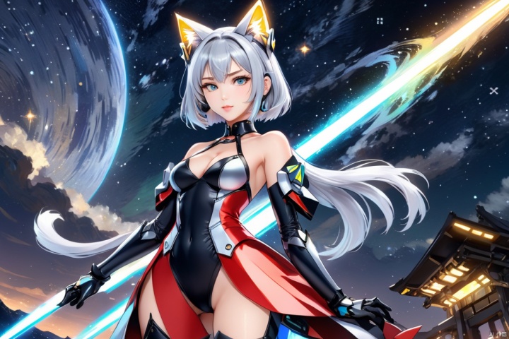 anime character, mecha girl, silver hair, cat ears, full-body pose, fingerless gloves, starry sky, by van gogh, detailed illustration, high-resolution, (panoramic, Ultra high saturation, bright and vivid colors), (best quality, masterpiece, Representative work, official art, Professional, 8k), tqj-hd