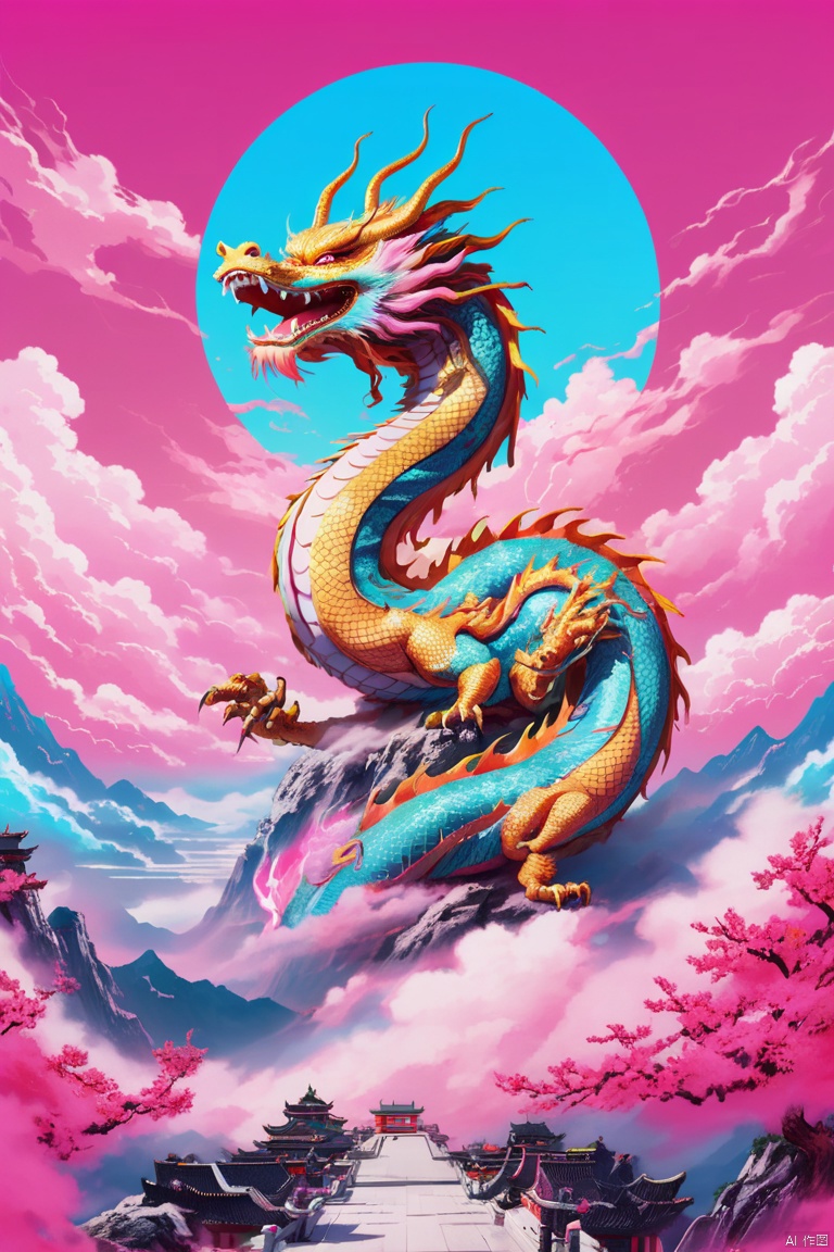 Sky dragon, chinese dragon, Vaporwave Aesthetic, panoramic view, Ultra high saturation, (best quality, masterpiece, Representative work, official art, Professional, 8k)