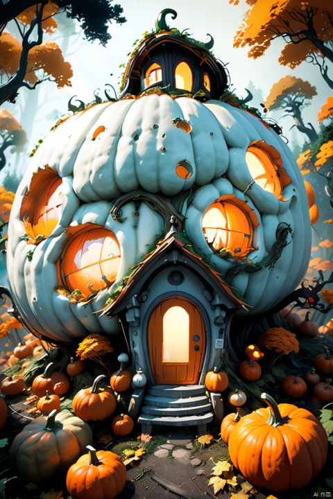 a pumpkin house in the enchanted forest, by Katsuhiro Otomo and Yoji Shinkawa, octane render, (best quality, masterpiece, Representative work, official art, Professional, 8k:1.3)