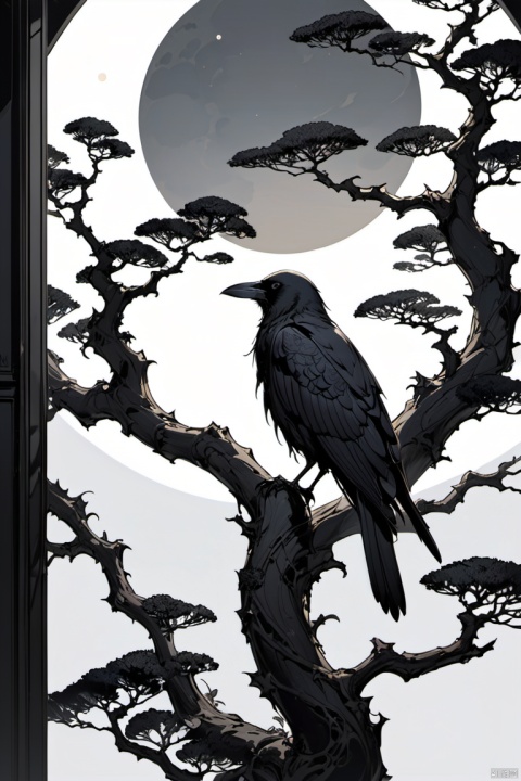 crow, White background, (moon), Minimalism, Regular Angle, (masterpiece, best quality, perfect composition, very aesthetic, absurdres, ultra-detailed, intricate details, Professional, official art, Representative work:1.3)