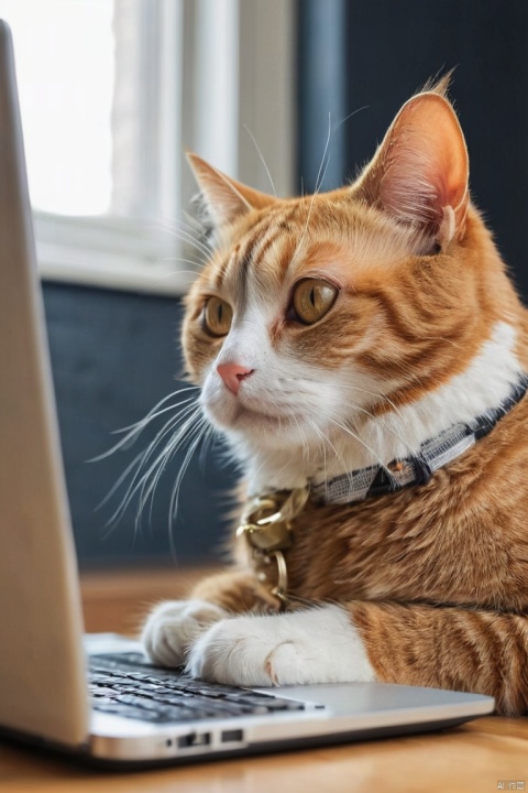 Cool cat looking in laptop, circle profile picture, (masterpiece, best quality, perfect composition, very aesthetic, absurdres, ultra-detailed, intricate details, Professional, official art, Representative work:1.3)