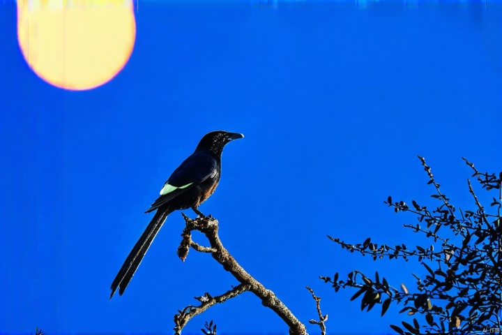 The bright moonlight filled the night sky, and under the silver glow, a magpie bird startled from a branch. Perhaps because the moonlight was too bright, it disturbed its habitat, and the unique branches showed a more lonely beauty under the moonlight