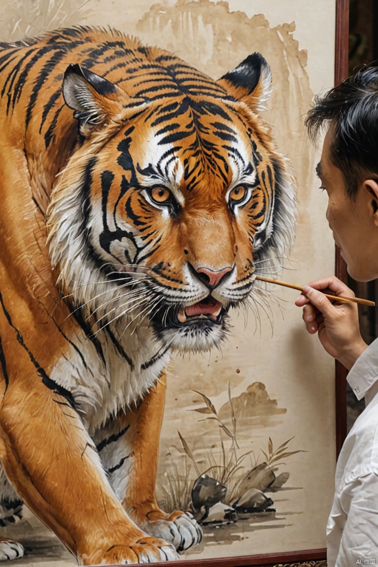 ancient chinese man using brush drawing a painting of fierce tiger, (best quality, masterpiece, Representative work, official art, Professional, Ultra intricate detailed, 8k:1.3)