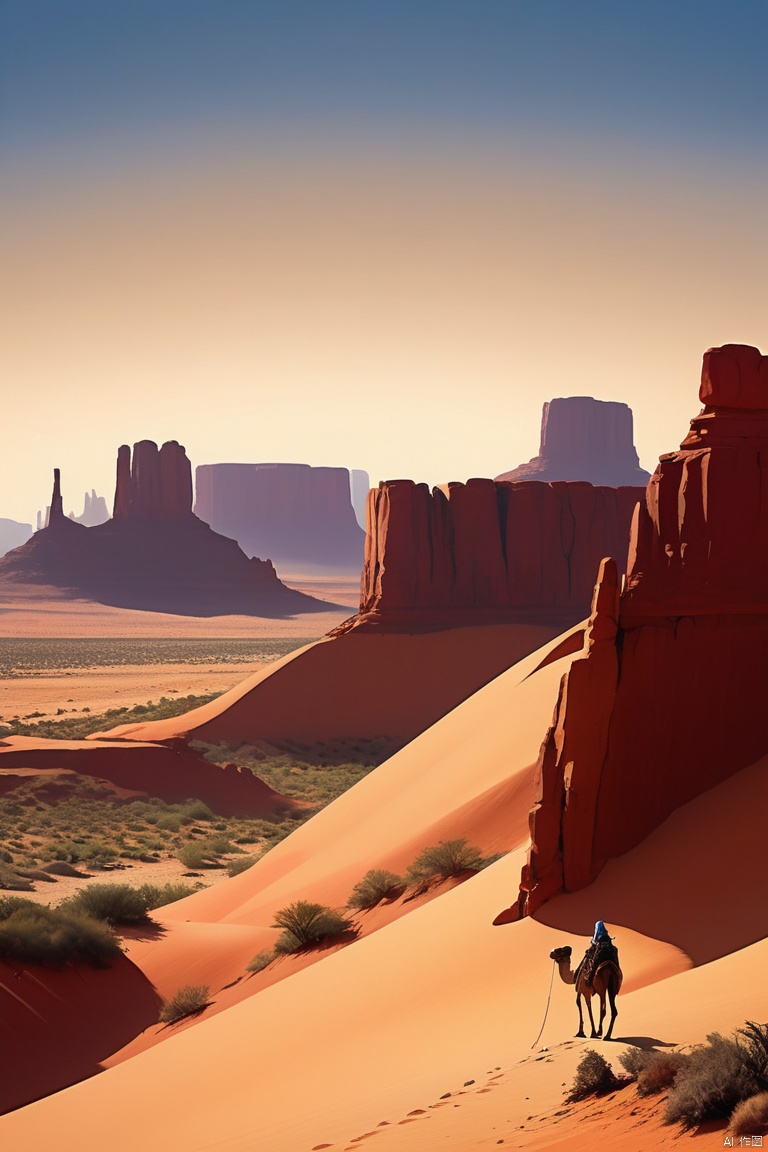 a vast desert landscape,towering red rock formations,A group of tired traders and their camel caravan trudge through rugged terrain,The harsh sun scorched them,Surrounded by vast and empty desert,The colors of the desert are vibrant,Sandstone cliffs and mesas gleam in the warm sunlight,Cacti and shrubs dot the landscape,Gives a feeling of isolation and vulnerability,The businessman face is etched with determination and resilience,commemorative,desert mountains,desert environment,desert canyon,desert scenery,monument valley,Southwest United States,wild west,Sunset, enhance, intricate, (best quality, masterpiece, Representative work, official art, Professional, unity 8k wallpaper:1.3)