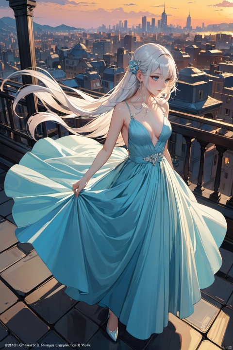 floating, High Saturation, Looking down from above, 1 Girl, white hair, blue eyes, Very long hair, Hair accessories, Standing on the Rooftop, Gorgeous evening dress, Delicate shoes, Hair swaying gently in the wind, Amazing city view in the background, romantic atmosphere, (masterpiece, best quality, perfect composition, very aesthetic, absurdres, ultra-detailed, intricate details, Professional, official art, Representative work:1.3)